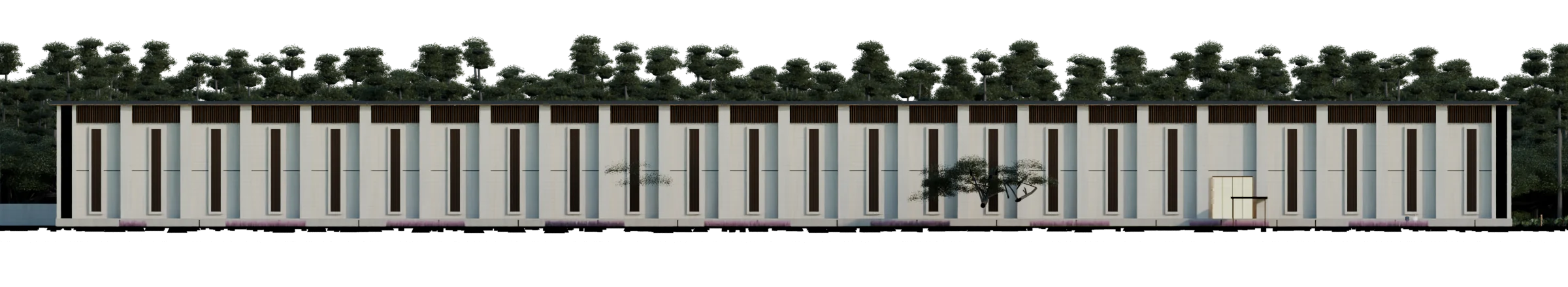 West elevation of Hall A: a 216-meter colonnade of tabby piers with bronze-finned slots, 62 feet tall, with live oaks and pines behind